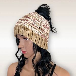 Handmade Knit Messy Bun High Ponytail Beanie Hat Basket Weave Neutral One Size